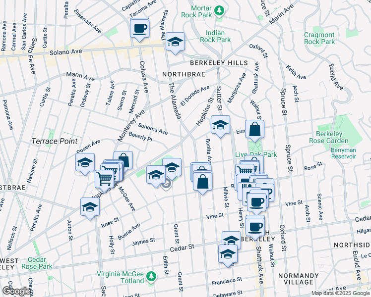 map of restaurants, bars, coffee shops, grocery stores, and more near 1218 Josephine Street in Berkeley