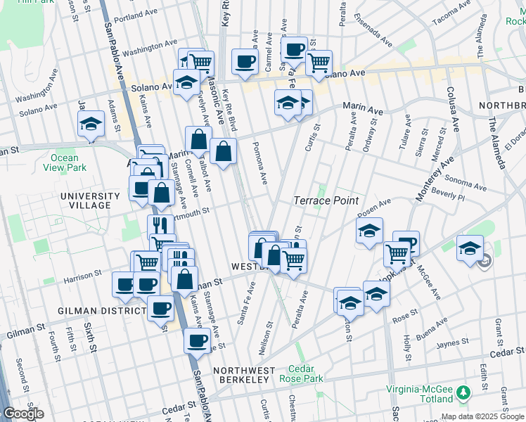 map of restaurants, bars, coffee shops, grocery stores, and more near 1125 Key Route Boulevard in Albany