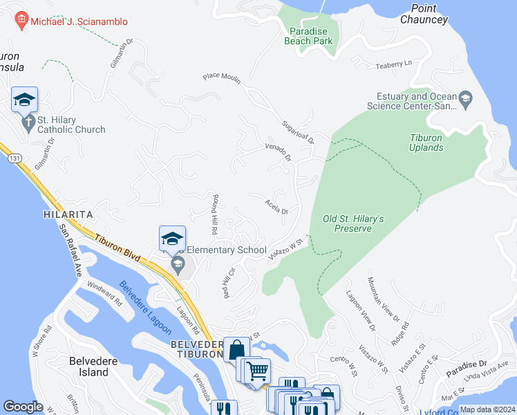 map of restaurants, bars, coffee shops, grocery stores, and more near 5 Acela Drive in Tiburon
