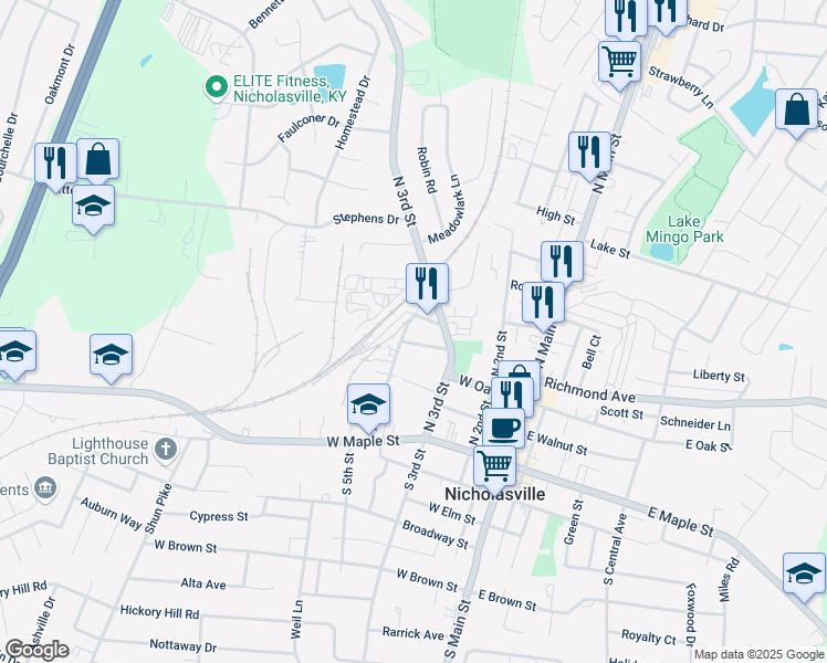 map of restaurants, bars, coffee shops, grocery stores, and more near 102 Riddle Street in Nicholasville