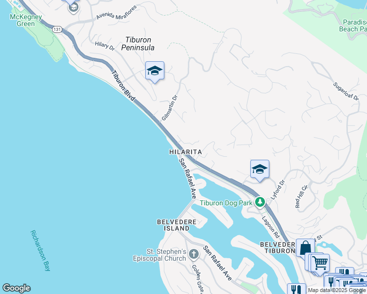 map of restaurants, bars, coffee shops, grocery stores, and more near in Tiburon