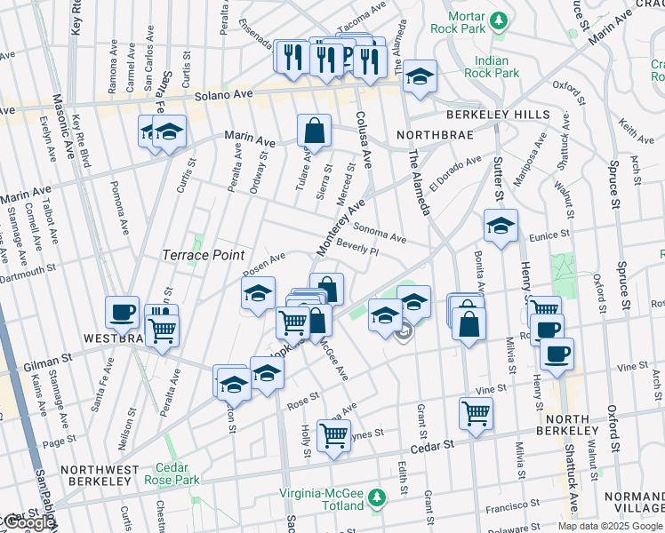 map of restaurants, bars, coffee shops, grocery stores, and more near 1614 Posen Avenue in Berkeley