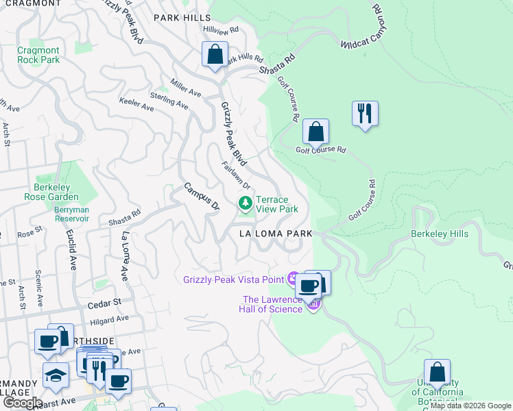 map of restaurants, bars, coffee shops, grocery stores, and more near 209 Fairlawn Drive in Berkeley
