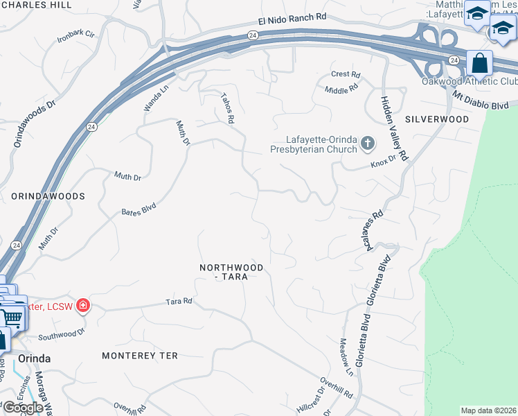 map of restaurants, bars, coffee shops, grocery stores, and more near 565 Tahos Road in Orinda