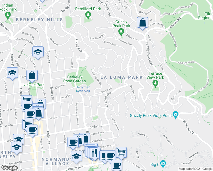 map of restaurants, bars, coffee shops, grocery stores, and more near 2707 Rose Street in Berkeley