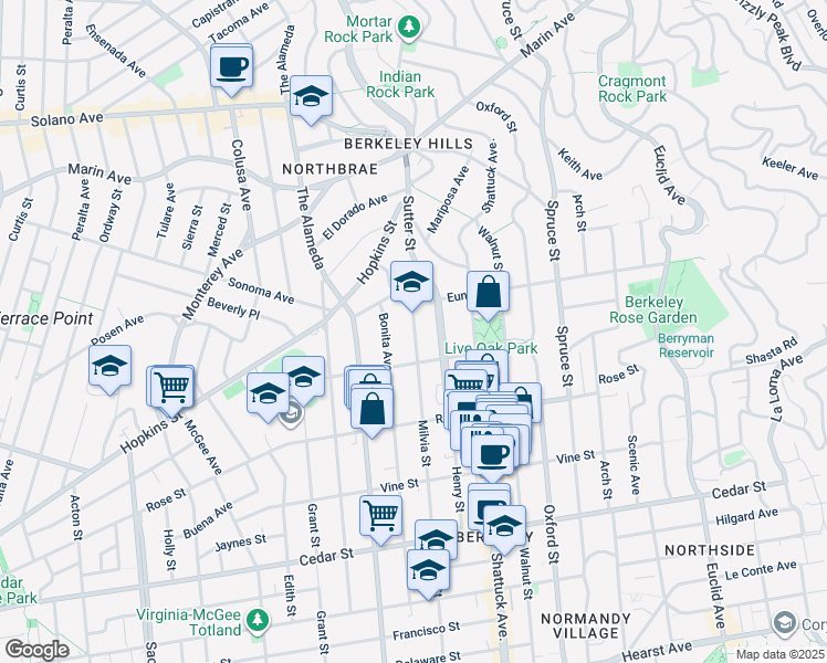 map of restaurants, bars, coffee shops, grocery stores, and more near 1236 Milvia Street in Berkeley