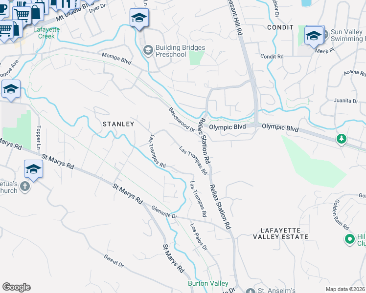map of restaurants, bars, coffee shops, grocery stores, and more near 856 Las Trampas Road in Lafayette