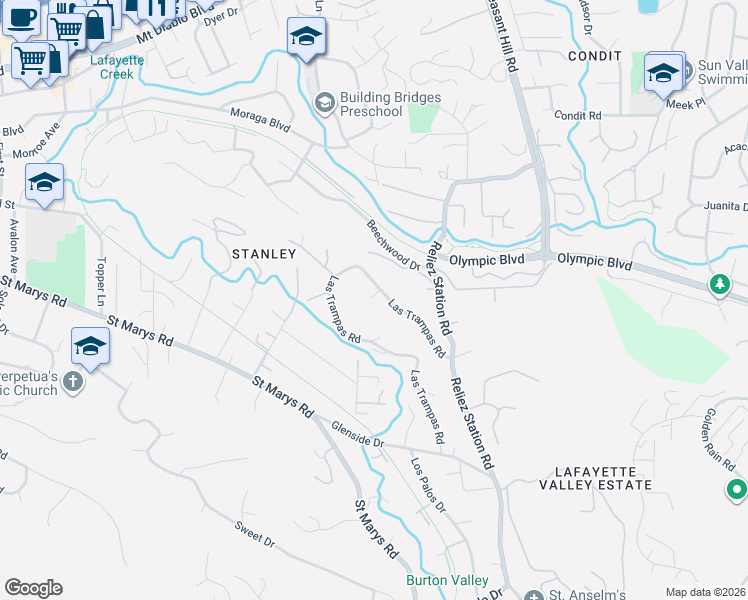 map of restaurants, bars, coffee shops, grocery stores, and more near 850 Las Trampas Road in Lafayette