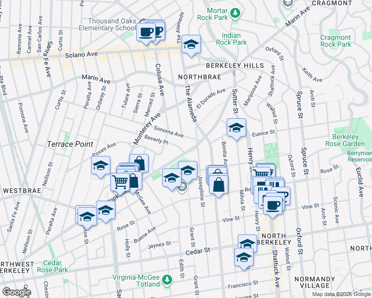 map of restaurants, bars, coffee shops, grocery stores, and more near 1759 Hopkins Street in Berkeley