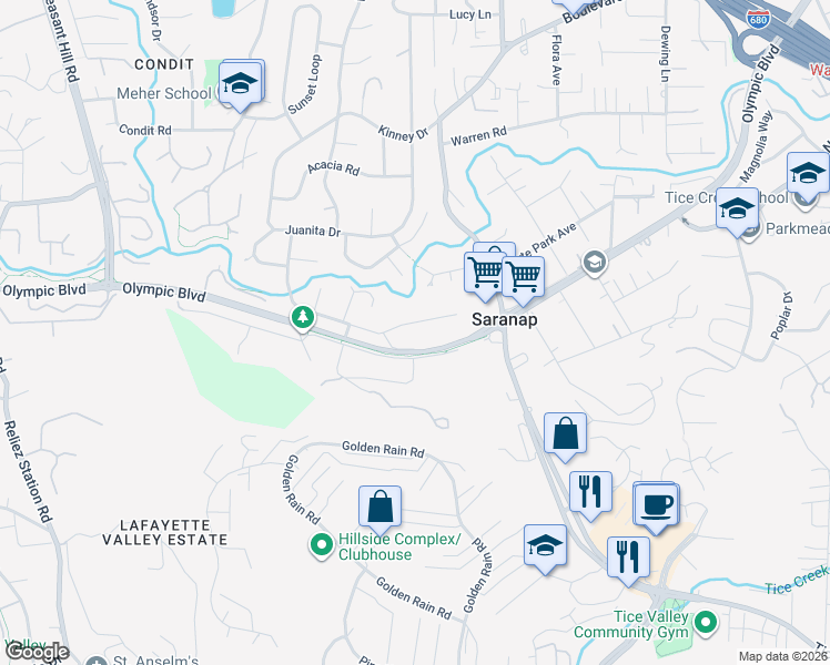 map of restaurants, bars, coffee shops, grocery stores, and more near 3343 Freeman Road in Walnut Creek