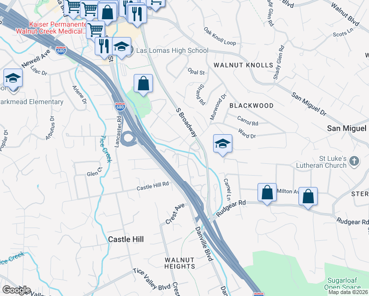 map of restaurants, bars, coffee shops, grocery stores, and more near in Walnut Creek
