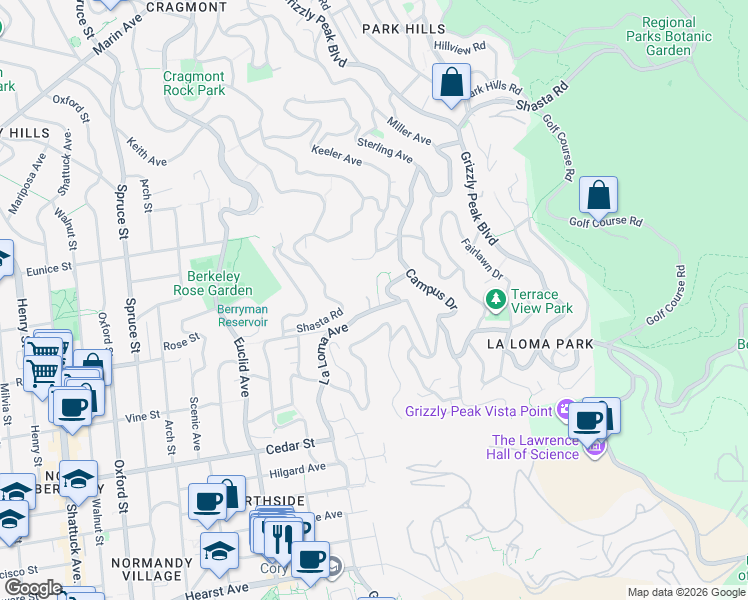 map of restaurants, bars, coffee shops, grocery stores, and more near 1339 La Loma Avenue in Berkeley
