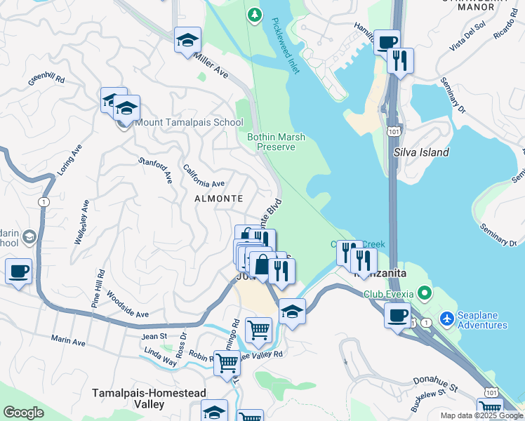 map of restaurants, bars, coffee shops, grocery stores, and more near in Tamalpais-Homestead Valley
