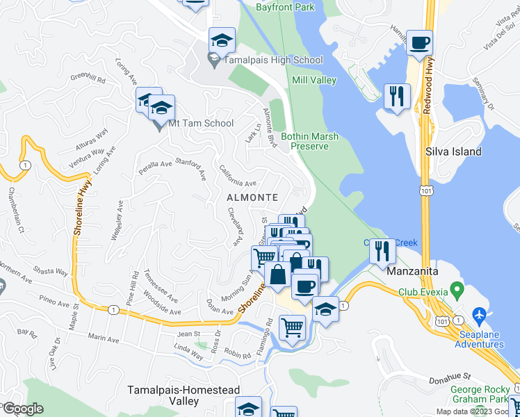 map of restaurants, bars, coffee shops, grocery stores, and more near Rosemont Ave & Greene St in Mill Valley