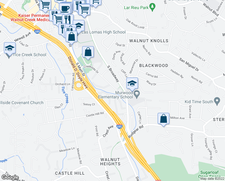 map of restaurants, bars, coffee shops, grocery stores, and more near 1435 Creekside Drive in Walnut Creek