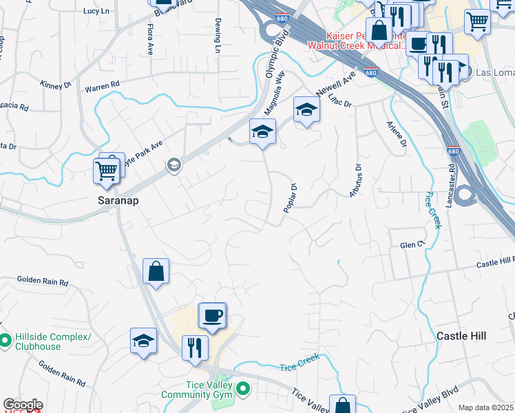 map of restaurants, bars, coffee shops, grocery stores, and more near 1807 Poplar Drive in Walnut Creek