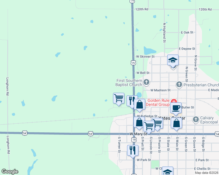 map of restaurants, bars, coffee shops, grocery stores, and more near 702 West Butler Street in Yates Center