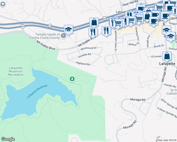 map of restaurants, bars, coffee shops, grocery stores, and more near 3721 Highland Court in Lafayette