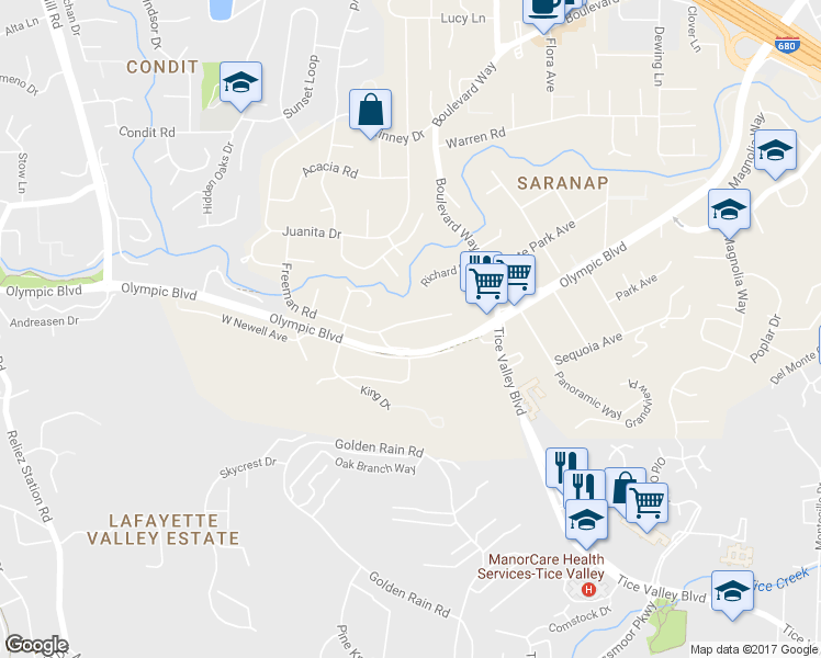 map of restaurants, bars, coffee shops, grocery stores, and more near 3343 Freeman Road in Walnut Creek