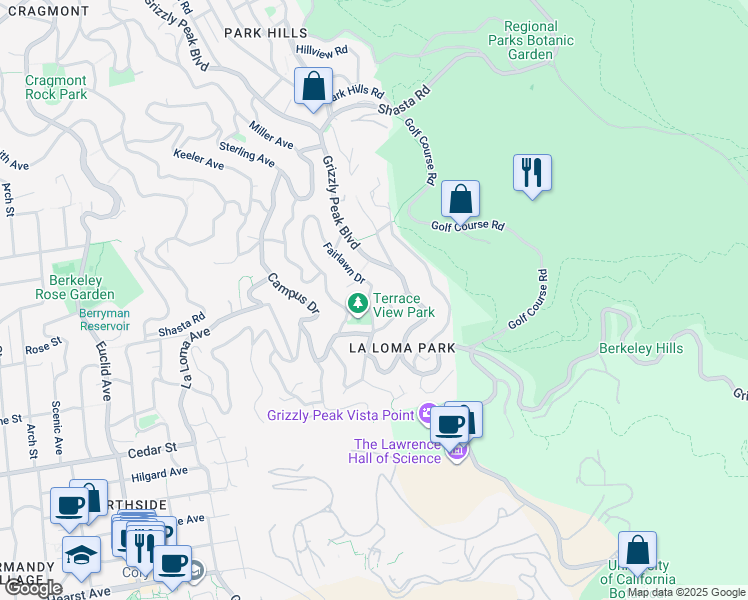 map of restaurants, bars, coffee shops, grocery stores, and more near 199 Fairlawn Drive in Berkeley