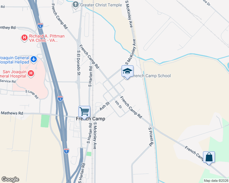 map of restaurants, bars, coffee shops, grocery stores, and more near 7975 Ash Street in French Camp