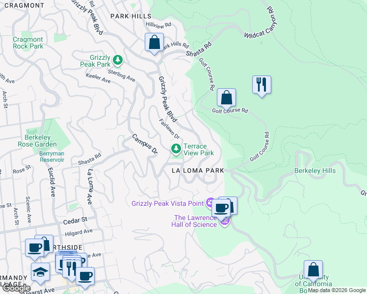 map of restaurants, bars, coffee shops, grocery stores, and more near 199 Fairlawn Drive in Berkeley