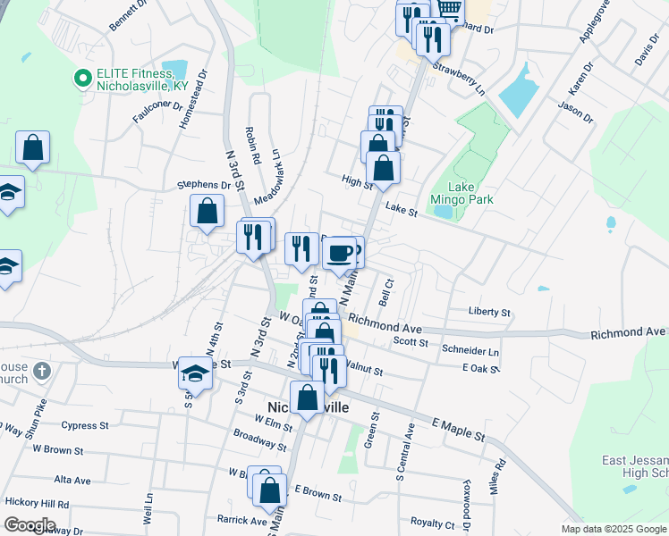 map of restaurants, bars, coffee shops, grocery stores, and more near 103 Barnes Street in Nicholasville