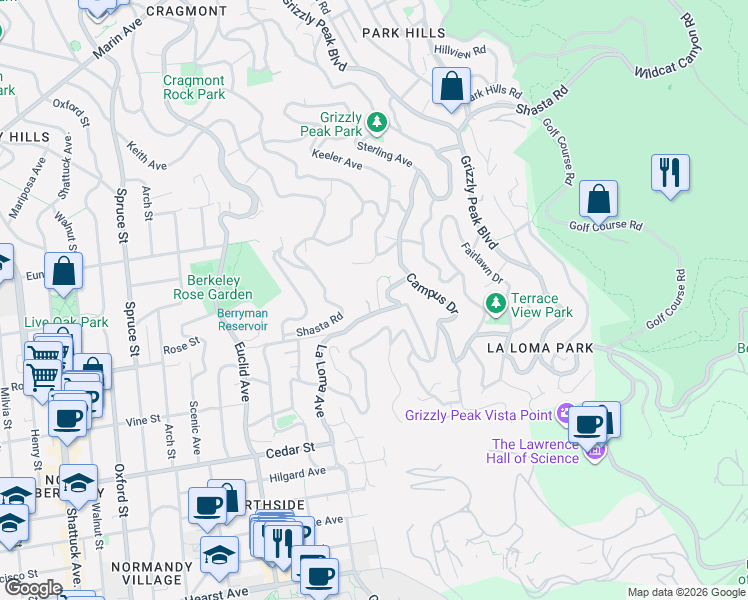 map of restaurants, bars, coffee shops, grocery stores, and more near 9 El Portal Court in Berkeley