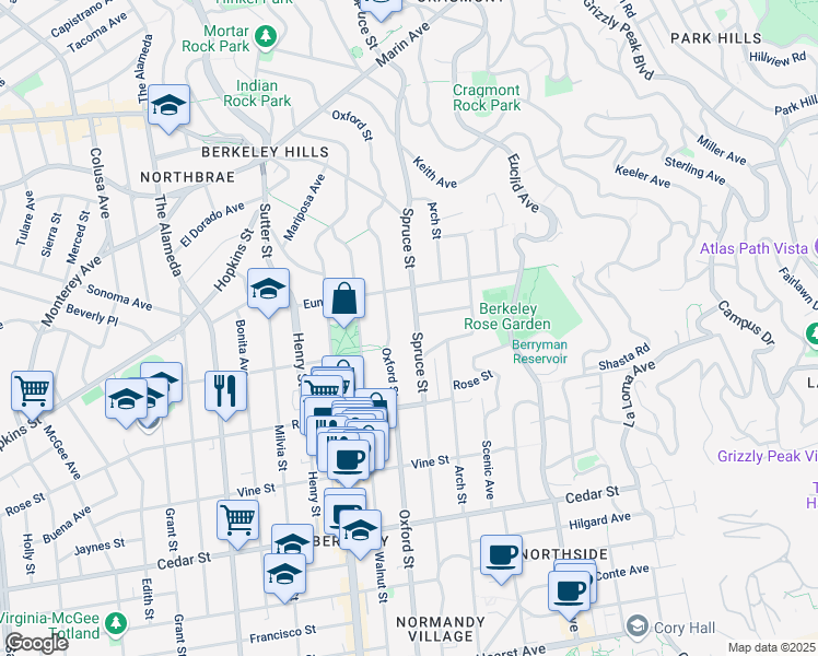 map of restaurants, bars, coffee shops, grocery stores, and more near 1218 Spruce Street in Berkeley
