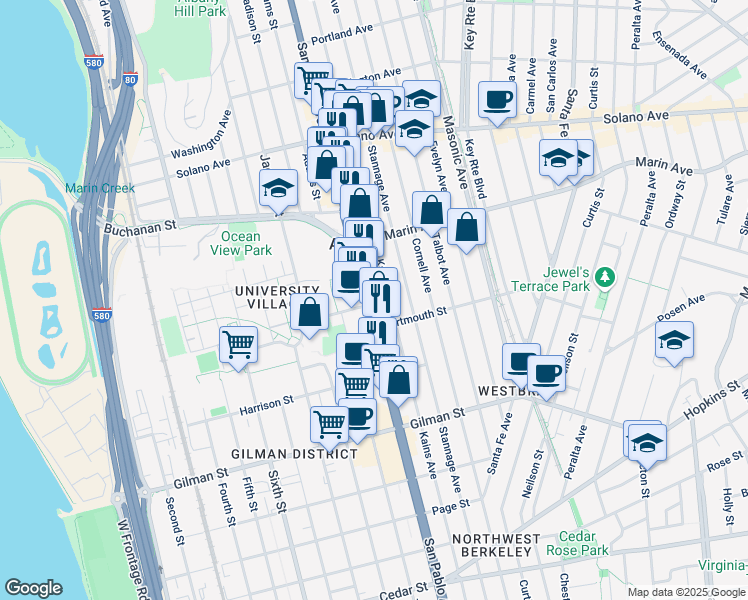 map of restaurants, bars, coffee shops, grocery stores, and more near 1038 Kains Avenue in Albany