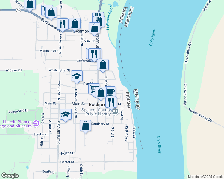 map of restaurants, bars, coffee shops, grocery stores, and more near 305 Pearl Street in Rockport