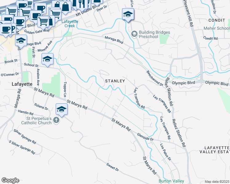 map of restaurants, bars, coffee shops, grocery stores, and more near 878 Santa Maria Way in Lafayette