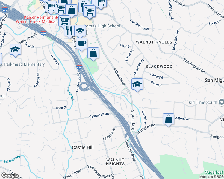 map of restaurants, bars, coffee shops, grocery stores, and more near 1440 Creekside Drive in Walnut Creek