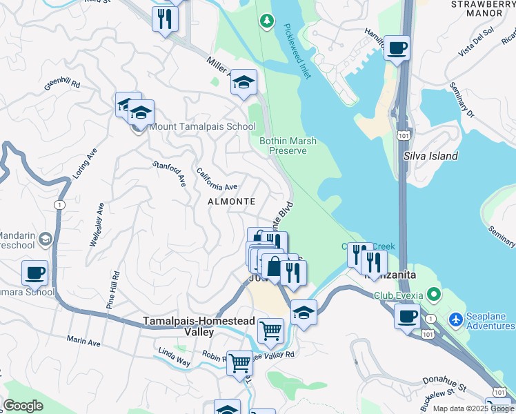 map of restaurants, bars, coffee shops, grocery stores, and more near 211 Beryl Street in Mill Valley