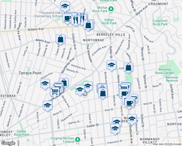 map of restaurants, bars, coffee shops, grocery stores, and more near 1170 The Alameda in Berkeley