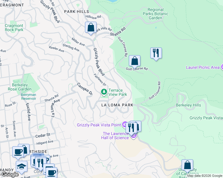 map of restaurants, bars, coffee shops, grocery stores, and more near 171 Avenida Drive in Berkeley