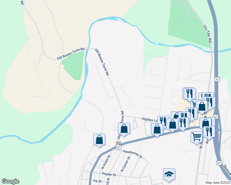 map of restaurants, bars, coffee shops, grocery stores, and more near 1128 Hawthorne Street in Desloge