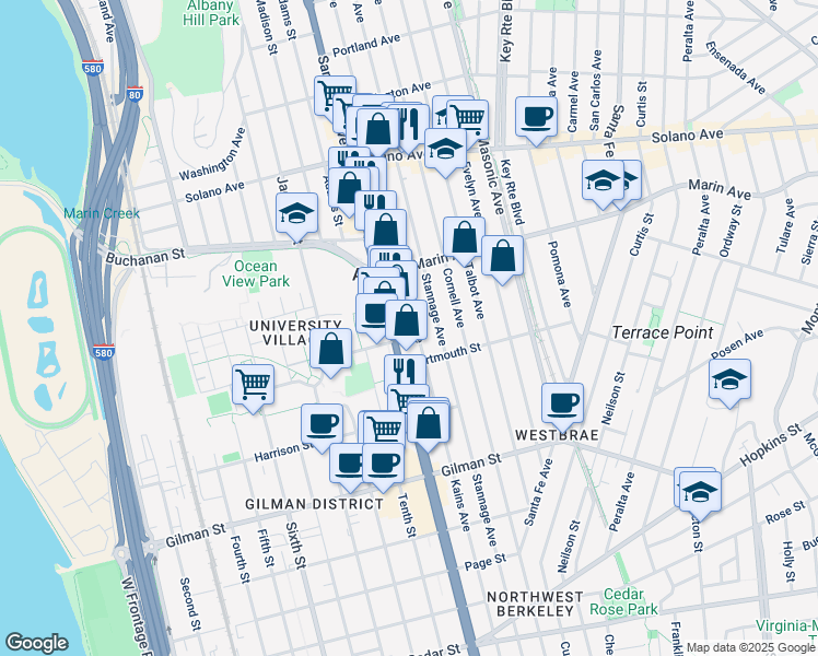 map of restaurants, bars, coffee shops, grocery stores, and more near 1050 Kains Avenue in Albany
