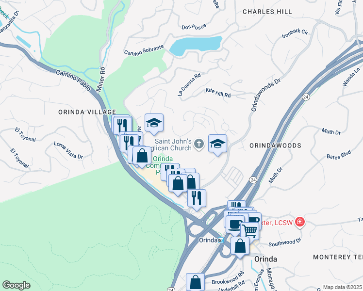 map of restaurants, bars, coffee shops, grocery stores, and more near 25 Watchwood Court in Orinda