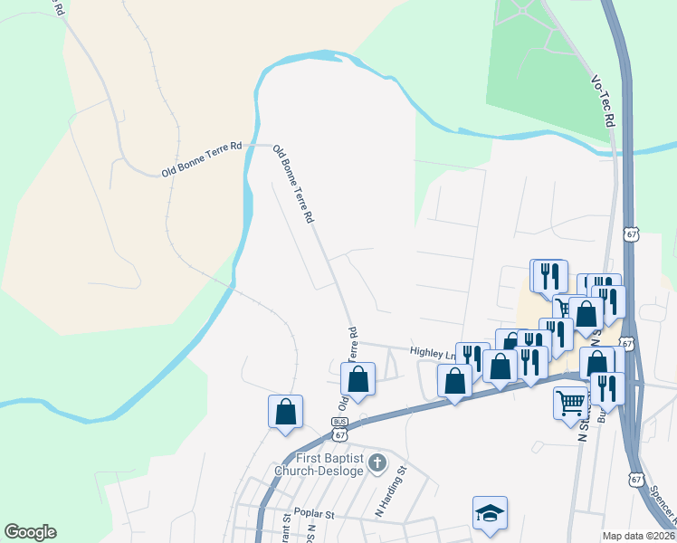 map of restaurants, bars, coffee shops, grocery stores, and more near 1128 Hawthorne Street in Desloge