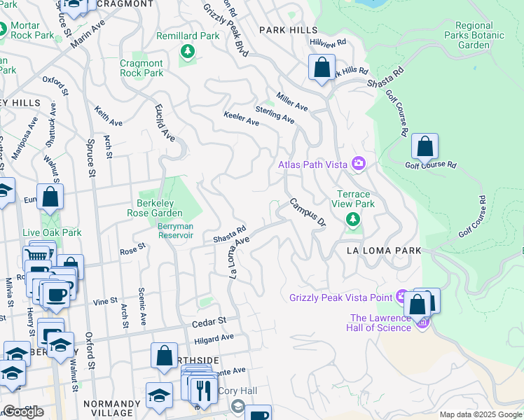 map of restaurants, bars, coffee shops, grocery stores, and more near 1310 La Loma Avenue in Berkeley