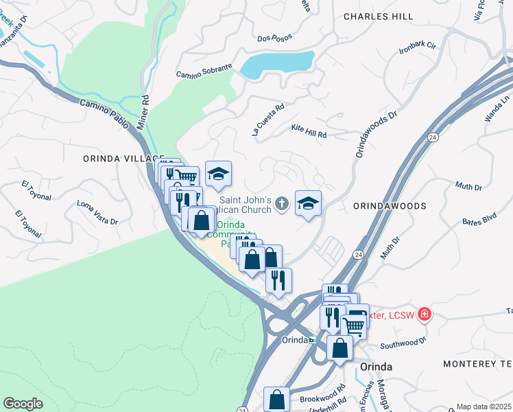 map of restaurants, bars, coffee shops, grocery stores, and more near 25 Watchwood Court in Orinda