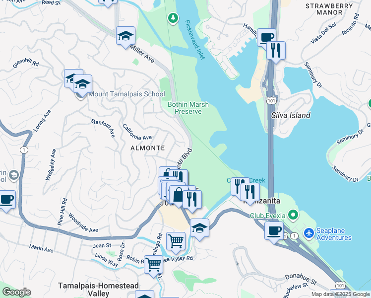 map of restaurants, bars, coffee shops, grocery stores, and more near 203 Morning Sun Avenue in Mill Valley