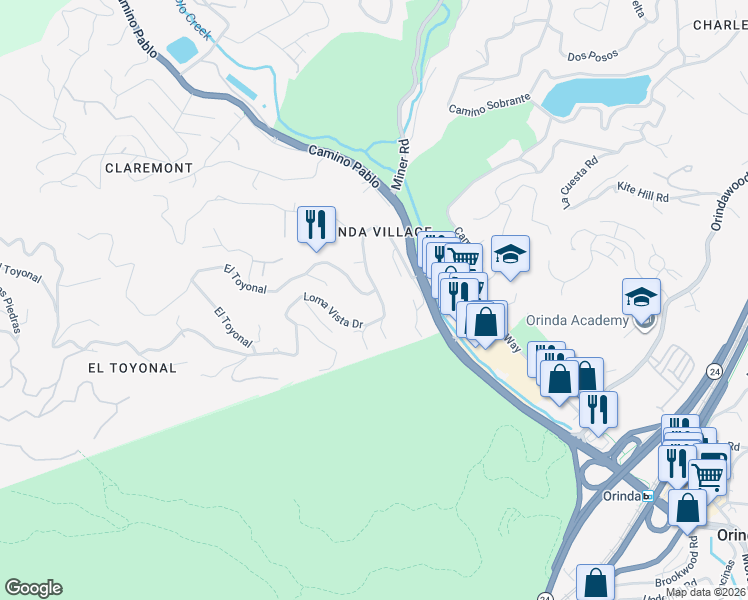 map of restaurants, bars, coffee shops, grocery stores, and more near 4 Loma Vista Drive in Orinda