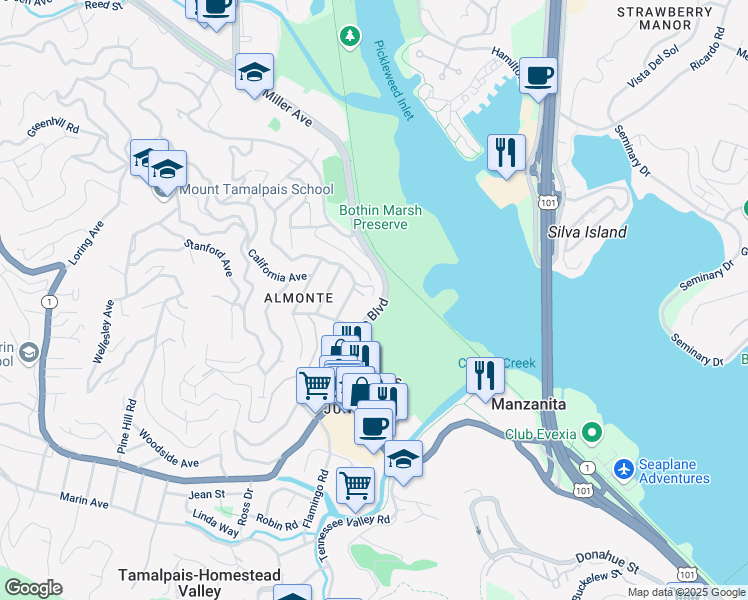 map of restaurants, bars, coffee shops, grocery stores, and more near 203 Morning Sun Avenue in Mill Valley