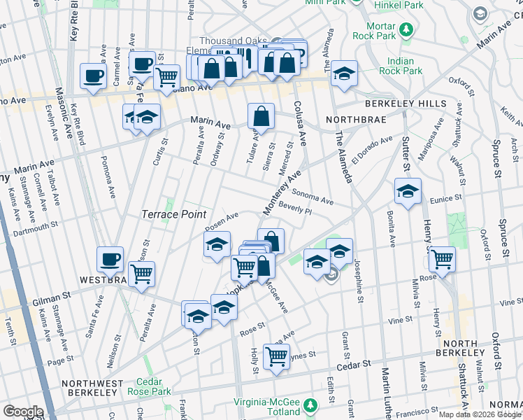 map of restaurants, bars, coffee shops, grocery stores, and more near 1554 Beverly Place in Berkeley
