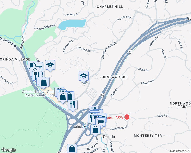 map of restaurants, bars, coffee shops, grocery stores, and more near 200 The Knoll in Orinda