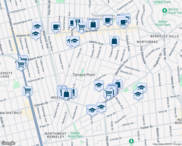 map of restaurants, bars, coffee shops, grocery stores, and more near 1038 Ordway Street in Albany