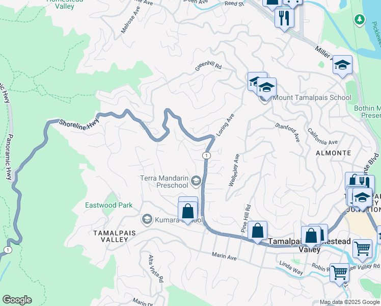 map of restaurants, bars, coffee shops, grocery stores, and more near 525 Alta Way in Mill Valley