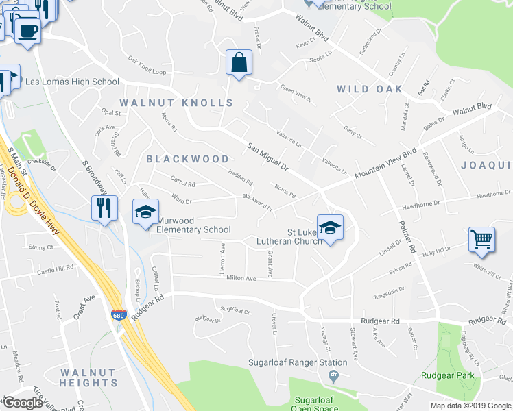 map of restaurants, bars, coffee shops, grocery stores, and more near 2245 Blackwood Drive in Walnut Creek